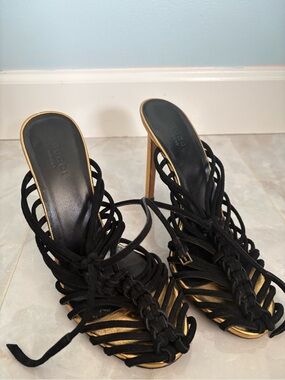 Gucci Black and Gold Strappy Lace-Up High Heel Sandals